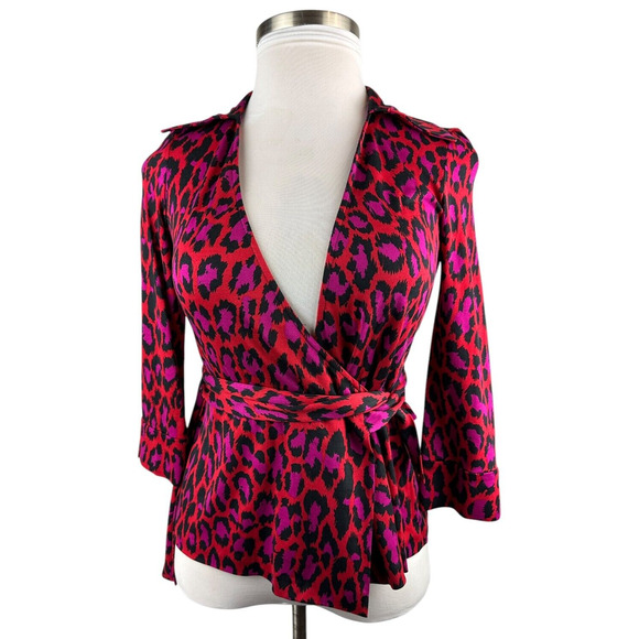 Diane Von Furstenberg Vintage Jill Top Silk Wrap Leopard Print Blouse Size 8 - Picture 15 of 15